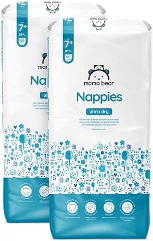 Marca Amazon - Mama Bear Pañales Ultra-secos, Talla 7+ (18kg+) Con Canales, Bianco, 100 Unidad (2 Paquetes de 50) - Nueva Versión  