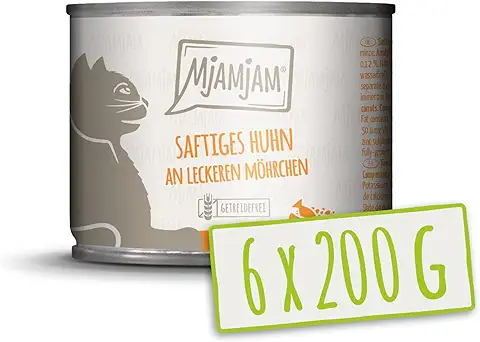 MjAMjAM - Comida Húmeda Premium para Gatos - Jugoso Pollo con Deliciosas Zanahorias, pack de 6 (6 x 200 g), sin Cereales con Extra de Carne  