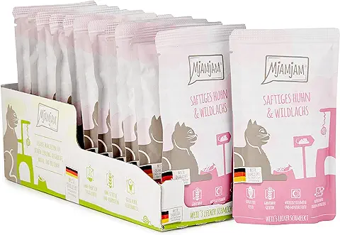 MjAMjAM - Comida Húmeda Premium para Gatos - Pollo Jugoso y Salmón Salvaje, pack de 12 (12 x 125 g), sin Cereales con Extra de Carne  
