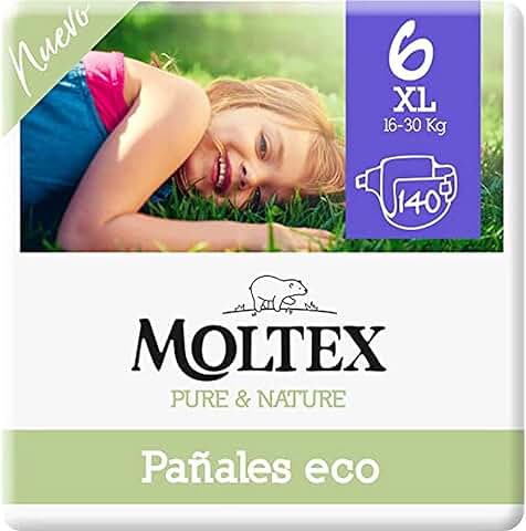 Moltex Pure & Nature Pañales Ecológicos Talla 6 (17-28 Kg) - 140 Pañales (4 Bolsas De 35 Unds), Blanco Con Diseño Impreso  