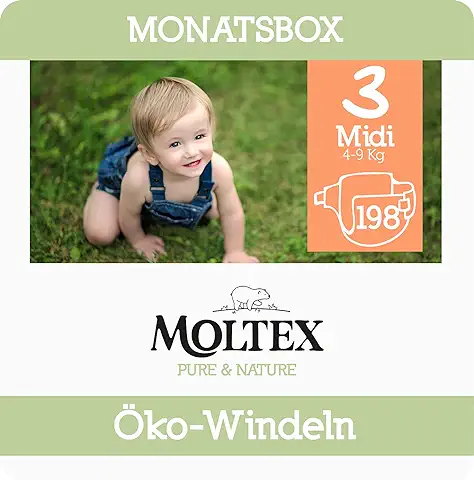 Moltex Pure & Nature - Pañales Ecológicos, Tamaño 3 midi (4-10 kg), caja Mensual, 198 Pañales Ecológicos  