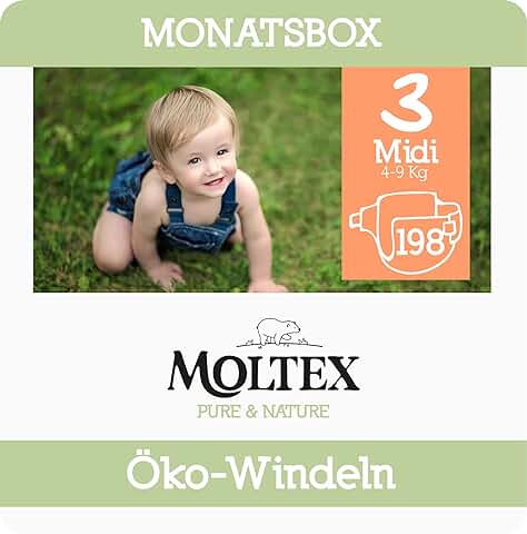 Moltex Pure & Nature - Pañales Ecológicos, Tamaño 3 midi (4-10 kg), caja Mensual, 198 Pañales Ecológicos  