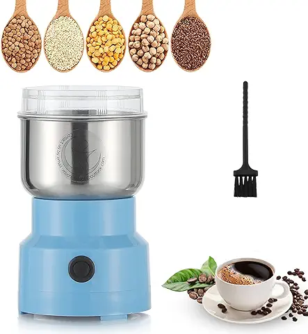 Moongiantgo Molino Multifuncional 200W 14500rpm, Molino de Cereales Eléctrico Portátil 300ml, Molinillo de Café Ultrafino, Acero Inoxidable, Ideal para Materiales Secos, Especias, Hierbas, Café (Azul)  