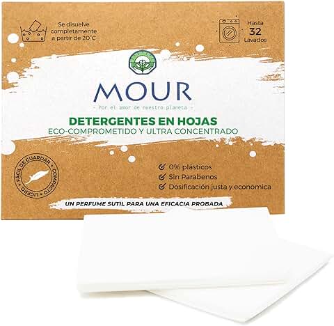 MOUR® Detergente en Tiras Eco-comprometido – 32 Lavados – Embalaje Minimalista Cero Residuos– Formato Predosificado, Uso y Ordenación Prácticos – Para Lavar a Baja y Alta Temperatura – Frescor Intenso  