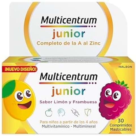 Multicentrum Junior Complemento Alimenticio Multivitamínico y Multimineral Para Niños a Partir de 4 Años, Sin Gluten, 30 Comprimidos Masticables  