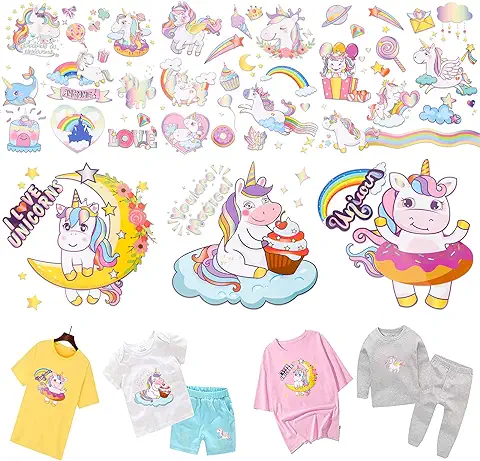 MWOOT 6 Piezas Parches Transferencia Calor para Planchar Unicornio para Decoración Camiseta Niños, Calcomanías Térmicas para Ropa Niñas, Accesorios de Adorno de Ropa de Fiesta Cumpleaños Arco Iris  