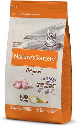 Nature's Variety Original No Grain, Pienso para Gatos Adultos Esterilizados, Sin Cereales, con Pavo Deshuesado, 1,25kg  