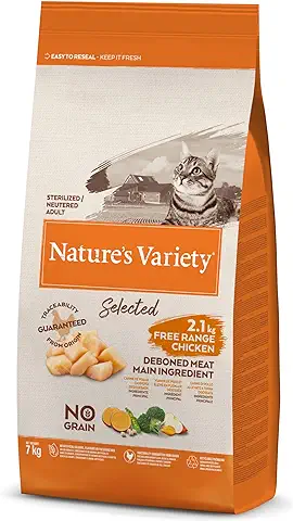 Nature's Variety Selected, Pienso para Gatos Adultos Esterilizados, Sin Cereales, con Pollo Campero Deshuesado, 7kg, 1 Unidad  