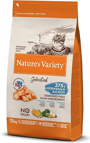 Nature's Variety Selected, Pienso para Gatos Adultos Esterilizados, Sin Cereales, con Salmón Noruego sin Espinas, 1,25kg  