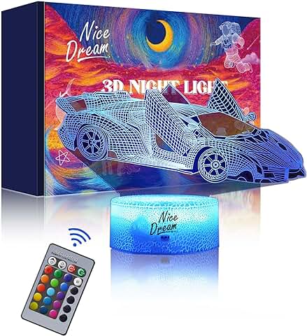 Nice Dream Luz Nocturna De Coche Deportivo Para Niños, Lámpara De Ilusión 3d, Luz Led Para La Habitación, Mando a Distancia Con 16 Cambios De Color Regulables, Regalos Para Niñas Chicos  