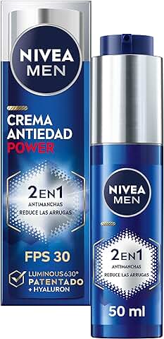 NIVEA MEN Power Crema Hidratante 2 en 1 Antimanchas y Antiarrugas (1 x 30 ml), Crema Facial Antiedad con Protector FP30, Crema Solar con Luminous 630 y ácido Hialurónico  