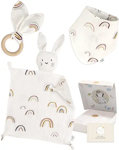 Nudu Juego de Regalo para Bebé, Babero, Mordedor, 100% Algodón, Muselina, Regalos para Nacimiento, Regalo para Bebé, Niño, Arcoíris  