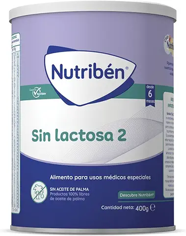 Nutribén Sin Lactosa 2 - Leche en Polvo Bebé Sin Lactosa para Bebés Intolerantes a la Lactosa a Partir de los 6 Meses | Sin Aceite de Palma | Con Cacito Dosificador Incluido | 1 Bote de 400g  