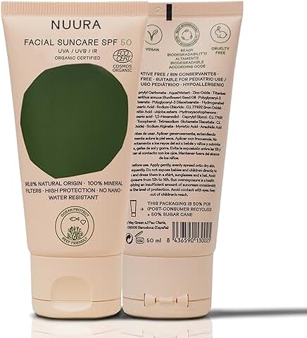 NUURA Protección Solar Facial Mineral Ecológica Certificada Orgánica - Vegana - Ocean and Reef Respect - Envase Ecológico - Cruelty Free - SPF 50+ UVA/UVB/IR [50 ml]  