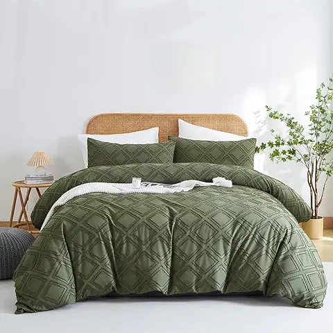 Nyescasa Juego de ropa de cama Bohemia de 155 x 220 cm, 2 Piezas, Diseño Geométrico, Color Verde Oliva, Bordado Shabby Chic, Reversible, de Microfibra Suave, Funda Nórdica con Cremallera y Funda de  