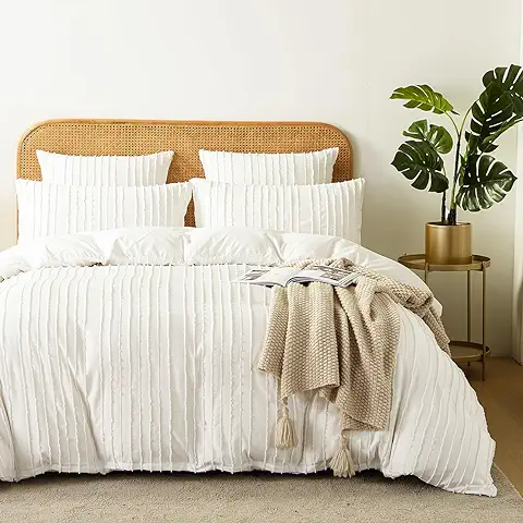 Nyescasa Juego de ropa de cama Reversible de 155 x 220 cm, Diseño Bohemio a Rayas con Bordado Bohemio, Microfibra, Funda Nórdica con Cremallera y Funda de Almohada de 80 x 80 cm  