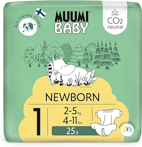 Pañales Muumi Baby Eco Newborn Talla 1, 2-5 kg, 25 Pañales Premium con Indicador de Humedad | Suaves y Agradables para la Piel, sin Productos Químicos Innecesarios |  
