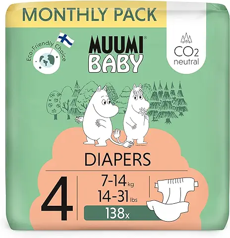 Pañales Muumi Baby Eco Talla 4 Paquete Mensual, 7-14 kg, 138 Pañales Premium con Barrera Antifugas | Suaves y Agradables para la Piel, sin Productos Químicos Innecesarios  