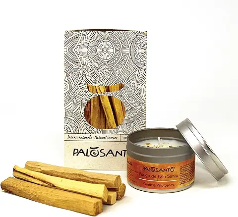 PALOSANTO - Kit Fumigación Palo Santo - 5 Palitos de Palo Santo Popular de Perú + Vela de SOYA con Aceite de Fruto de Palo Santo de Ecuador  