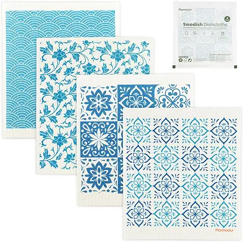 Parmedu Paños de Cocina Suecos, Paquete de 4, Reutilizables, Absorbentes y de Secado Rápido, Paños de Cocina Ecológicos, Toallitas de Limpieza Biodegradables, Patrón de Porcelana Azul y Blanca, TD005  
