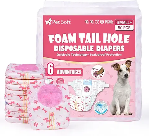Pet Soft Pañales Desechables para Perros y Gatos, 50 Unidades, para Perras y Gatos, Pañales Absorbentes para Perras con Agujero de cola Ajustable (S-M-50 Unidades)  