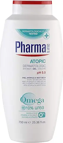 PHARMALINE Gel de Baño piel Atópica 750ml con Omega 3 & 6 y Urea - Sin Siliconas, Parabenos ni Sulfatos.  