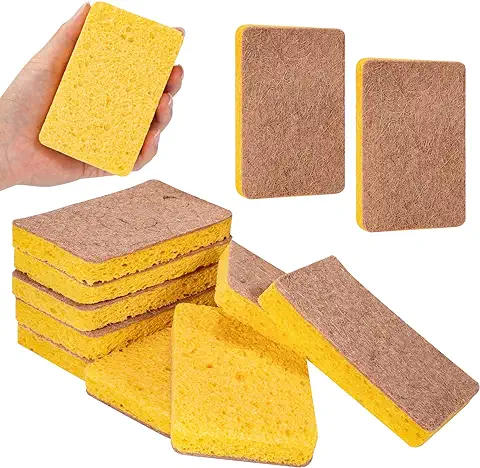 PHOGARY Esponja de Cocina Natural Biodegradable Eco Antiarañazos Compostable Sisal de Celulosa y Esponja de Coco, Paquete de 12 (Coco Luz Brwon)  
