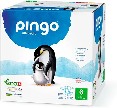 Pingo Pañales de Calidad Ecológica Antialergicos, Talla 6 XL (15-30 kg), 2 x 32 Unidades  