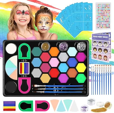 Pinturas Cara para Niños, 48 PCS Pintacaras Infantil con Tatuajes Purpurina, Pintura Facial Cara Niños Hipoalergenica Maquillaje Carnaval Halloween Regalo Niños  