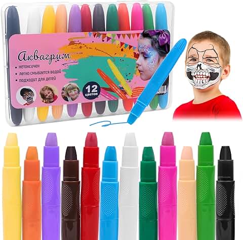 Pinturas Cara para Niños,12 Colores Pinturas para La Cara, Seguridad No Tóxica Pintacaras Infantil Pintura Facial,Crayones de Maquillaje,Pintura Corporal y Facial para Barriga Embarazada,Cosplay  