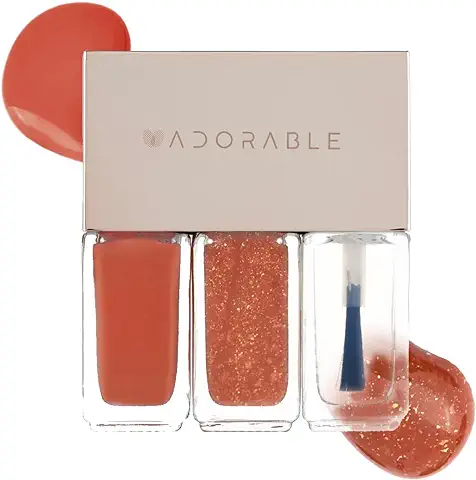Pluchke Esmalte de Uñas Vegano a base de Agua, 3 Piezas en Juego (2 Colores + capa Superior Transparente), Ecológico, Halal, no Tóxico, Color Ladrillo y Purpurina Dorada (No 27 Hong-shi, 0.51 fl oz)  