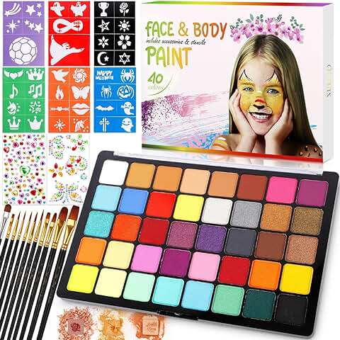 POWZOO Kit de Pintura Facial y Corporal para Niños-40 Colores,Pinturas Cara para Niños Lavable,No Tóxico-Incluye 11 Pinceles,41 Plantillas y 2 Pegatinas de Diamantes-Ideal para Halloween,Carnaval.  