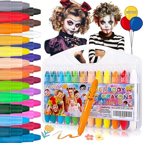 POWZOO Pinturas Cara para Niños,24Colores de Crayones,Seguridad No Tóxica Pintura Facial,Lavables,No Tóxicos Pintura de Cara para Niños,Pintura Facial Cosplay para Fiestas de Cumpleaños,Halloween.  