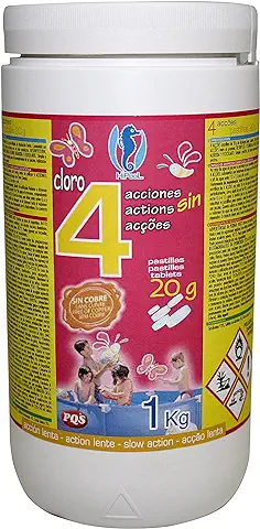 PQS – 167422 - Cloro en pastillas PQS 4 Acciones: Desinfección, Estabilizador de Cloro, Algicida y Floculante. Pastillas 20 gr. Bote 1 Kg.