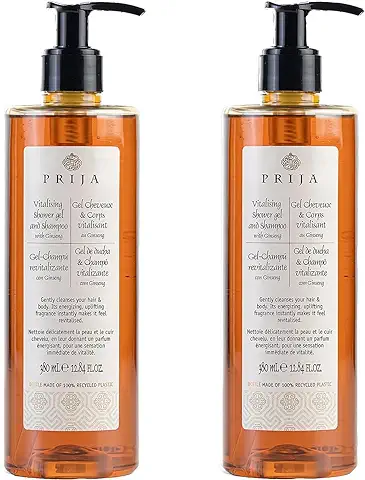 Prija - Champú para piel y Cabello y gel de Ducha con Ginseng con 2 Dispensadores Prácticos, 2 x 380, Fabricado en Italia.  