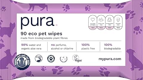 Pura Ecológica Mascota aseo Toallitas para Perros, Gatos y Conejos 100 % Libre de Plástico, 100 % Biodegradable, Vegano, Genial para Limpiar Patas Fangosas, Abrigos, 1 Paquete de 90 Toallitas  