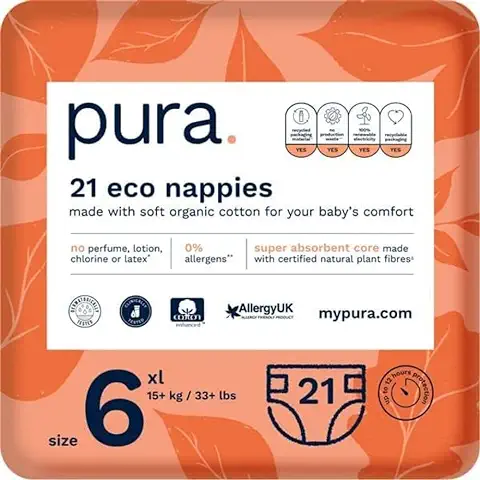 Pura Ecológico Pañales para Bebés Talla 6 (XL 15kg+) 1 Paquete de 21 Pañales, Niños Pequeños, con Certificación Ecológica de la UE, piel Sensible, Hasta 12 Horas de Protección Contra Fugas  