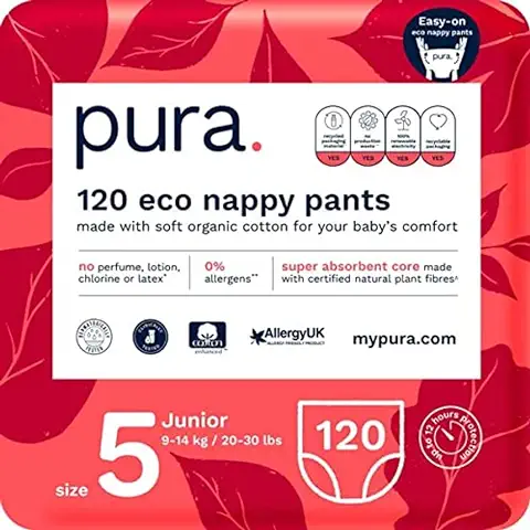 Pura Ecológico Pantalones Pañales Talla 5 (9-14kg /20-30lbs) Paquete Mensual 6 x 20 Total 120 Pañales de Aprendizaje para Niños y Niñas, con Certificación Ecológica de la UE  