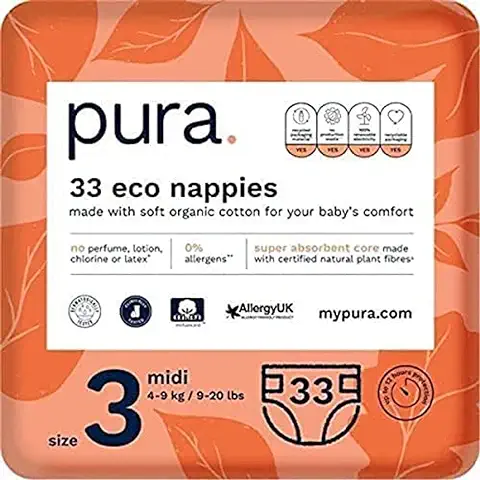 Pura Pañales Ecológicos para Bebés Talla 3 (Midi 4-9kg) 1 Paquete de 33 Pañales, con Certificado Ecológico de la EU, con Algodón Orgánico, Hasta 12 Horas de Protección Contra Fugas  