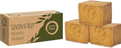 Pure Now Jabón Aleppo 3 x ca 200g, 85% Aceite de Oliva 15% Aceite de Laurel, PH Neutro, Desintoxicación, Hecho a mano  