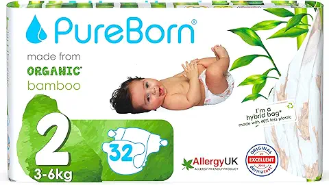 PureBorn Pañales Bebé Ecológicos de Bambú, Talla 2 (3-6 kg), 32 Piezas, Hipoalergénicos, Ultrasuaves, Estampado Surtido  