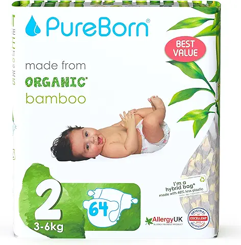 PureBorn Pañales Bebé Ecológicos de Bambú, Talla 2 (3-6 kg), 64 Piezas, Hipoalergénicos, Ultrasuaves, Estampado Surtido  