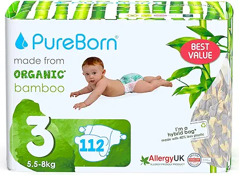 PureBorn Pañales Bebé Ecológicos de Bambú, Talla 3 (5,5-8 kg), 112 Piezas, Hipoalergénicos, Ultrasuaves, Estampado Surtido  