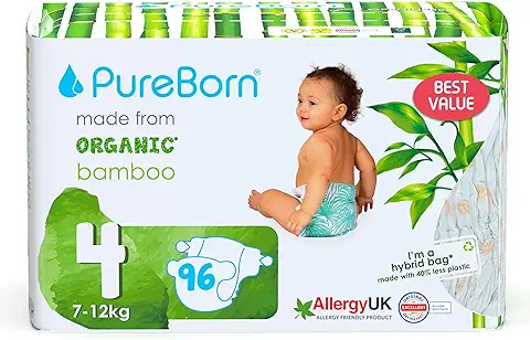 PureBorn Pañales Bebé Ecológicos de Bambú, Talla 4 (7-12 kg), 96 Piezas, Hipoalergénicos, Ultrasuaves, Estampado Surtido  