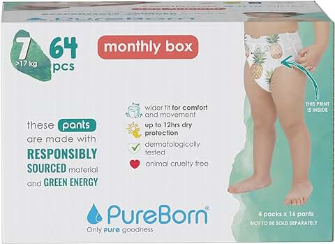 PureBorn Pañales Bebé Premium Pants, Talla 7 (17+ kg), 64 Pañales-Braguitas, Ultra Suave, Agradable para la Piel, Indicador de Humedad, Protección Superior  