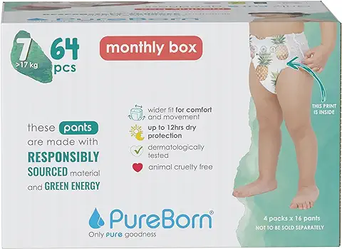 PureBorn Pañales Bebé Premium Pants, Talla 7 (17+ kg), 64 Pañales-Braguitas, Ultra Suave, Agradable para la Piel, Indicador de Humedad, Protección Superior  