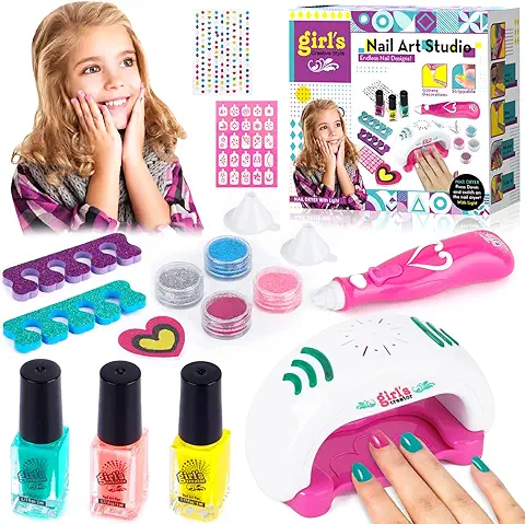 Purpledi Kit Pintauñas, Lavable Maquillaje Infantil para Arte de Las Uñas, con Purpurina y Secador, Manicura Niñas 5 - 10 Años Regalos  