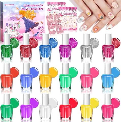 Purpledi Set 18 Pintauñas Niñas, Set Manicura Niñas, Kit de Esmalte de Uñas a Base de Agua de 18 Colores con Pegatina, No Tóxico, Esmalte Uñas Infantil al Agua, Regalo para Niñas 3 4 5 6 7  