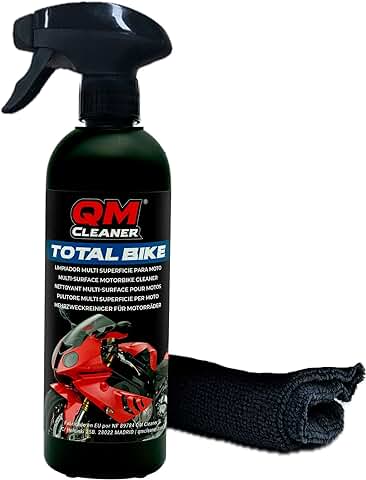 QM Cleaner - Total Bike Limpiador Multisuperficie para Motocicleta | Kit de Limpieza en seco Moto y Bici - Incluye 1 Paño de Microfibra - Sin Ceras ni Siliconas  