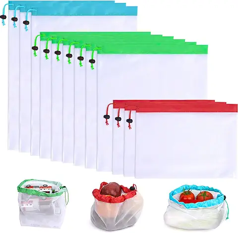 QUANHAO Eco Bolso de Compras Reutilizable Fruta Reutilizable Juguete Vegetal de Malla, Lavable y Transpirable Juego de 12 Piezas  